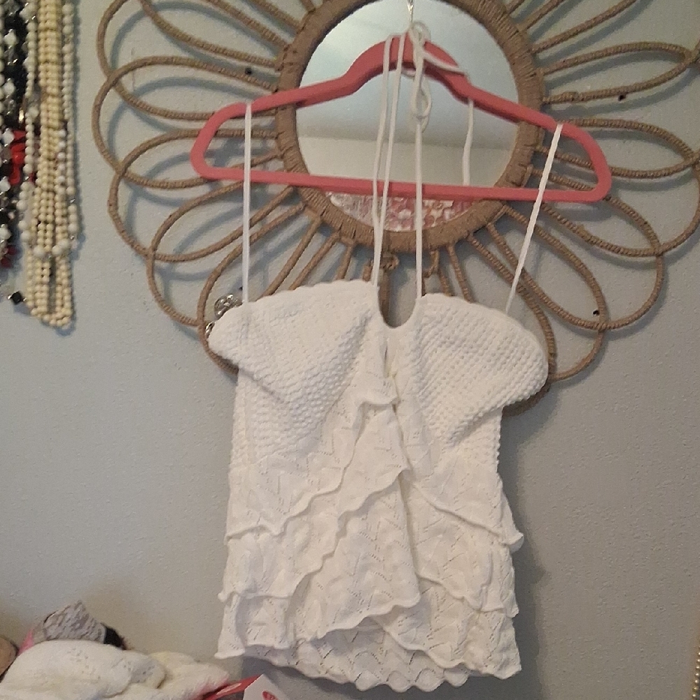 Aqua Crochet ruffled halter top  XL white